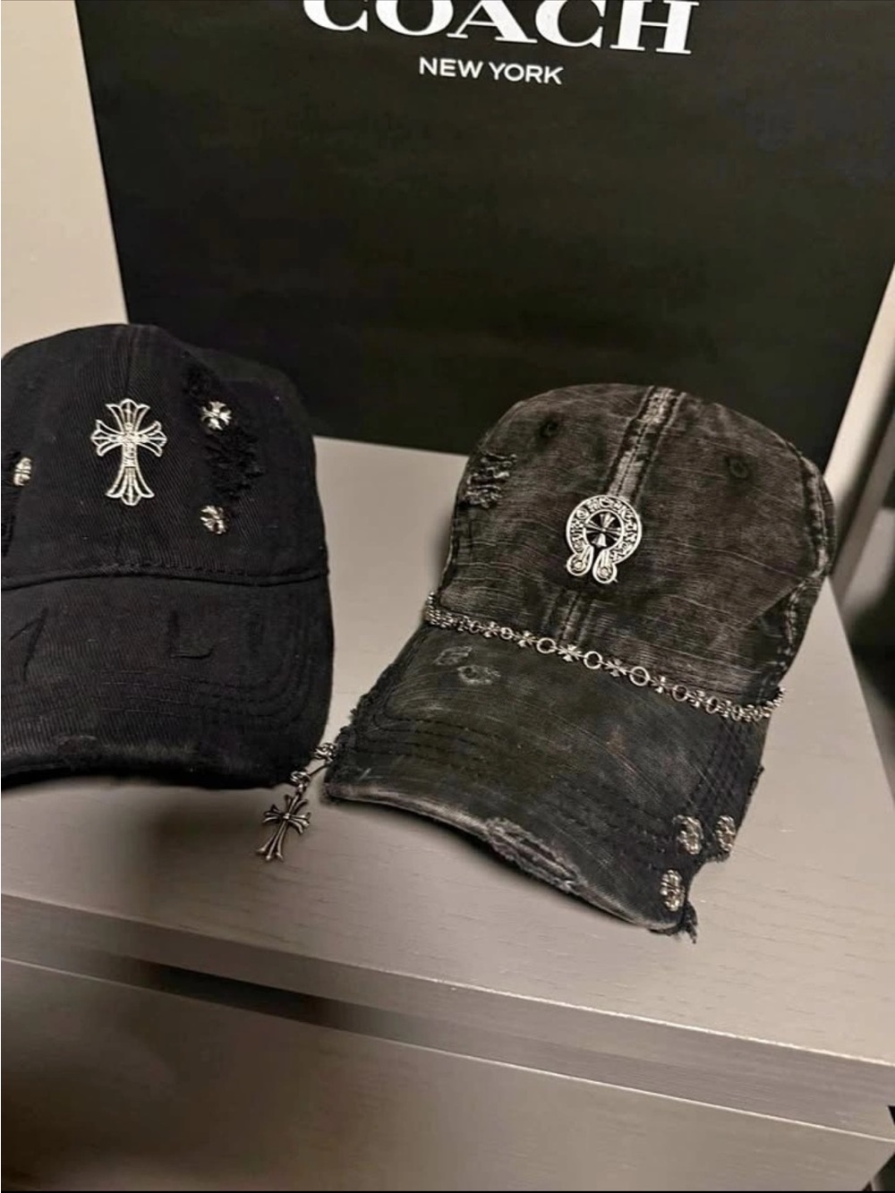 Chrome Hearts Black Distressed Baseball Cap with Silver Cross & Chain